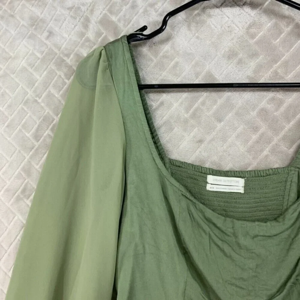 Urban Outfitters Womans Medium Crop Top Green Long Sheer Sleeve Smocked Back - Picture 4 of 16